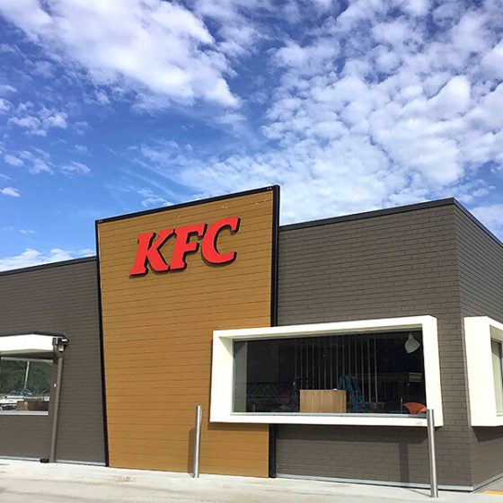 Traditional Dura Standard 214 brick profile from DuraBric, applied to exterior walls, sealed and painted – KFC, Keperra, Queensland
