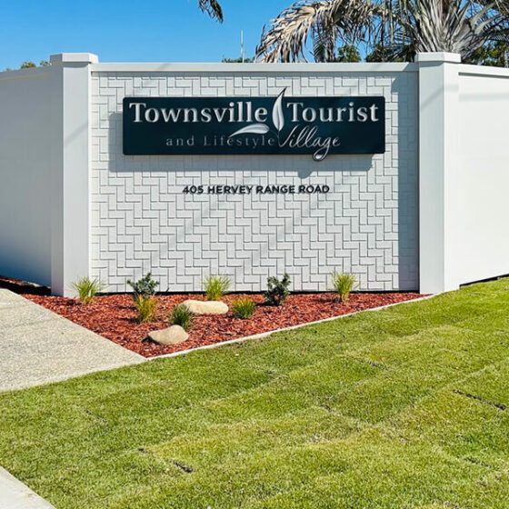 Dura Herringbone 3 brick profile from DuraBric – painted external fence wall – Townsville Tourist, Queensland.