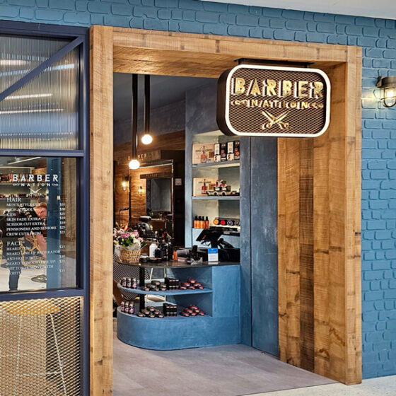 Barber Nation’s Westfield Innaloo fit out in Perth combines classic style with DuraBric in a bold modern blue for their retail frontage.